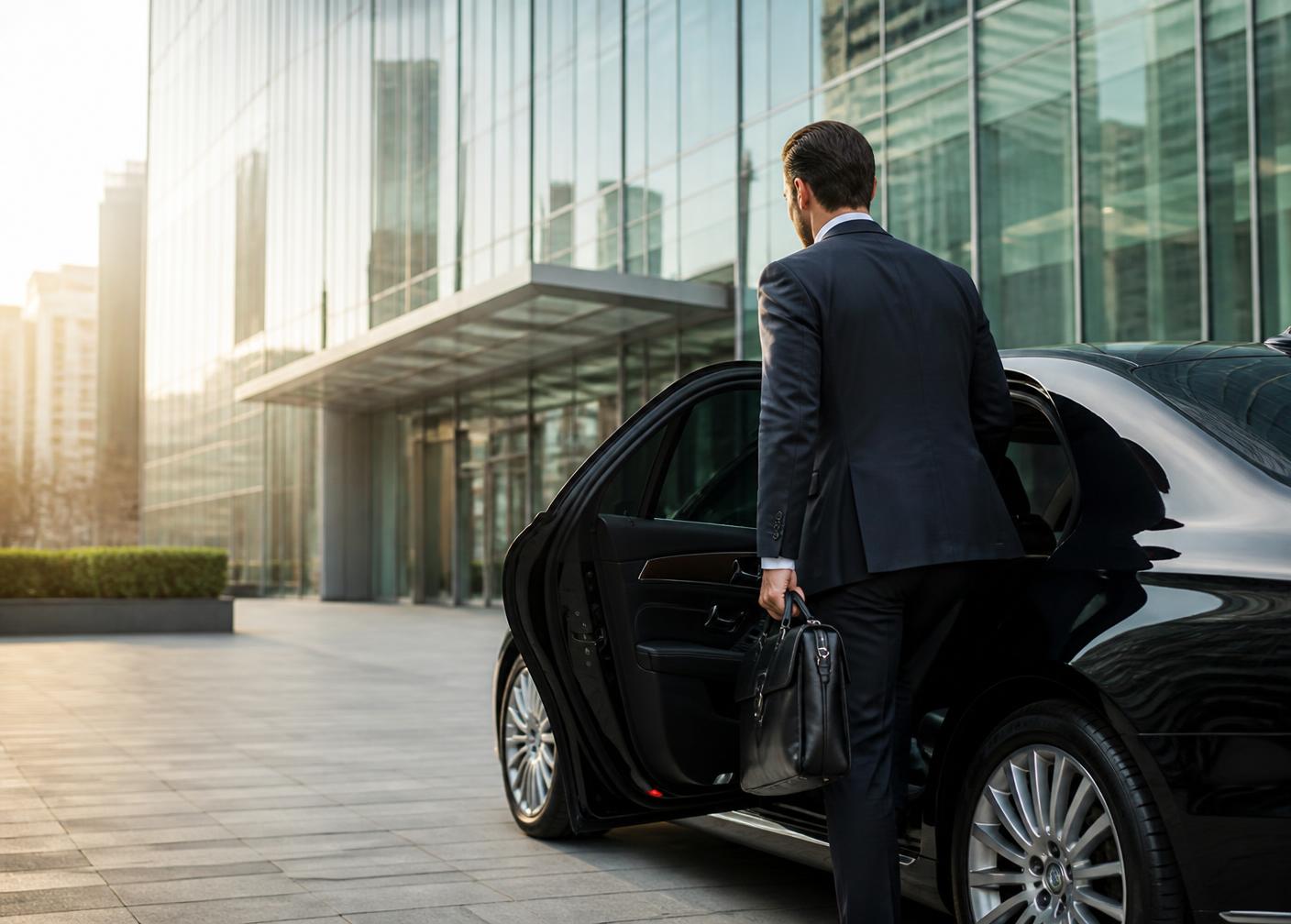Executive entering a chauffeured sedan outside a corporate tower