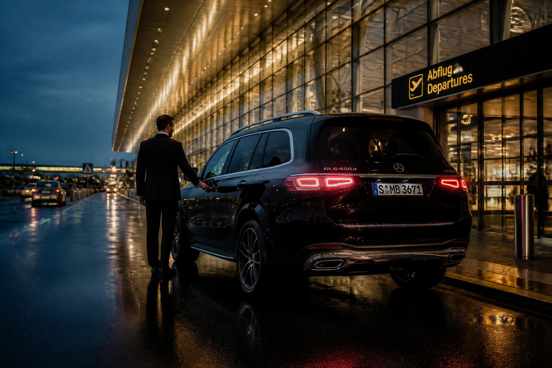 Black luxury SUV waiting outside an airport terminal at dusk